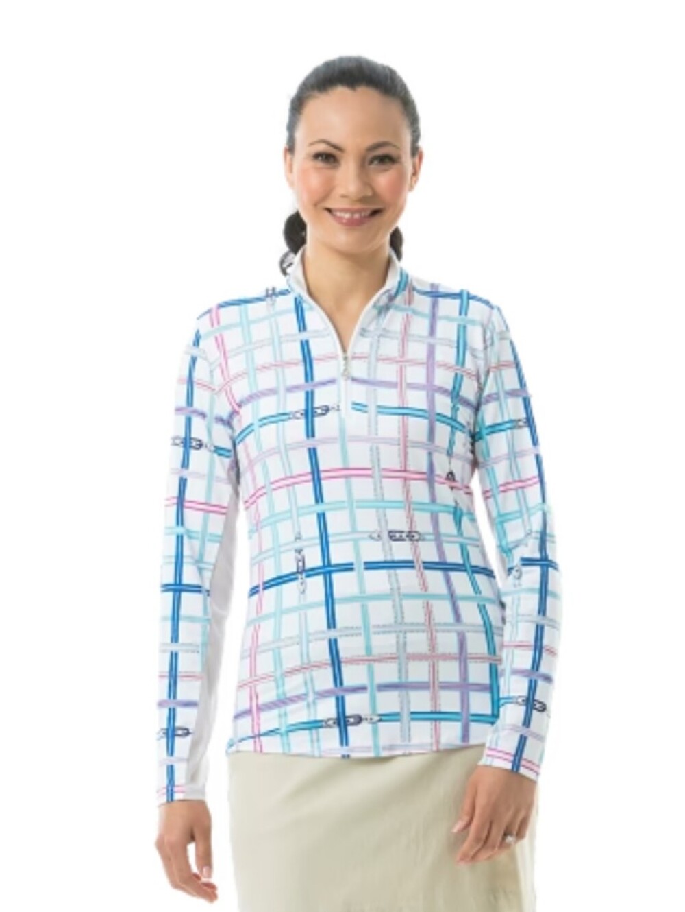 SanSoleil SolCool Watercolor Plaid Quarter Zip Sun Protection Top XXL